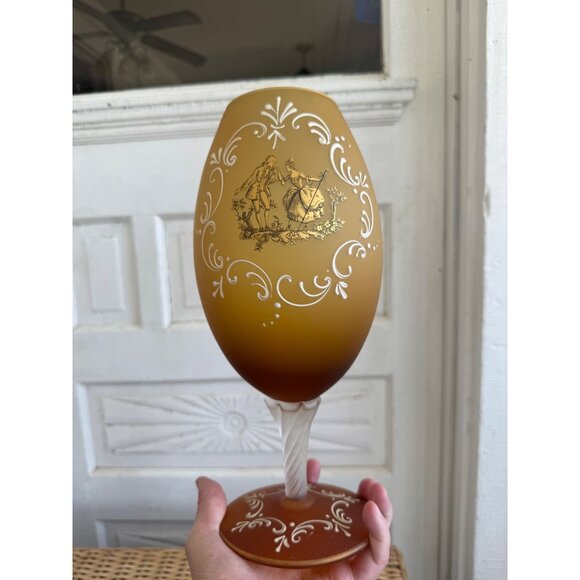 Vintage MCM Large Pedestal Vase Goblet Amber satin Glass Courting Couple 12" - Picture 2 of 10